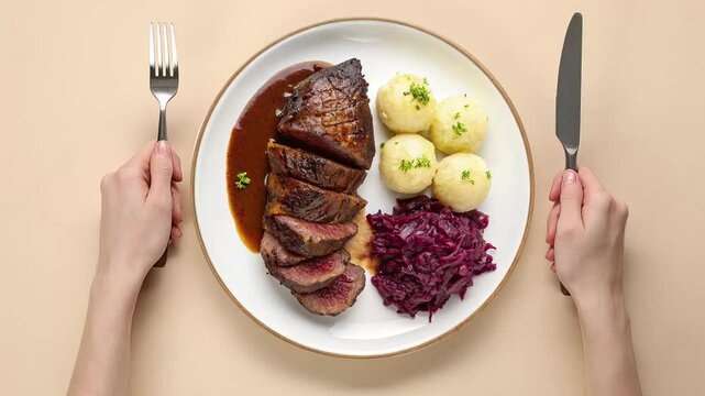 Traditional German Sauerbraten with Braised Red Cabbage  - looped 4к video