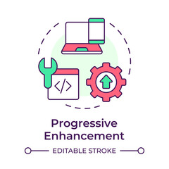 Progressive enhancement multi color concept icon. Work for all users and devices. Feature of PWAs. Round shape line illustration. Abstract idea. Graphic design. Easy to use in presentation