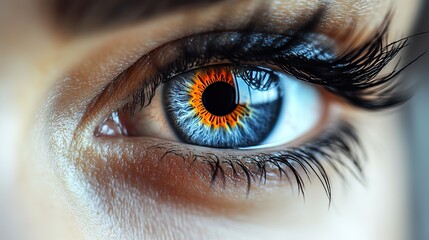 Fototapeta premium An extreme close up reveals intricate details of a blue eye's iris, pupil, and eyelashes, showcasing the beauty of human vision.