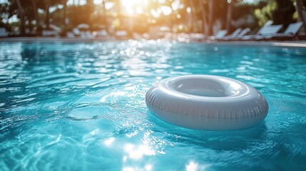 An inflatable ring floats on a tranquil turquoise pool, enhancing a relaxing summer holiday scene of carefree fun under the bright sun.