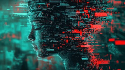 Surreal woman's face set against a red and black background illustrating the overwhelming nature of information overload in modern life