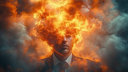 An orange cloud explosion over his head represents a businessman's information overload, stress and burnout in the modern workplace.