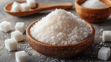 Aspartame and sugar cubes on gray symbolize sugar substitutes.