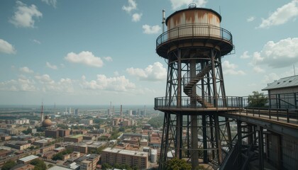 Industrial Water Tower Overlooking Urban Cityscape with Clouds