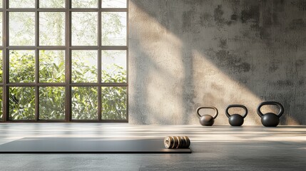 The Fitness Sanctuary: A minimalist fitness studio bathed in natural light, offering a serene space for health and wellness with yoga mat and kettlebells ready for use.