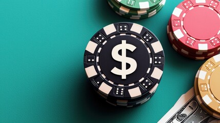 Naklejka premium A stack of colorful poker chips with a dollar sign on a green surface, representing gambling and casino gaming.