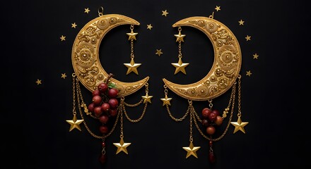 Golden Crescent Moons with Hanging Stars and Grapes on Black Background