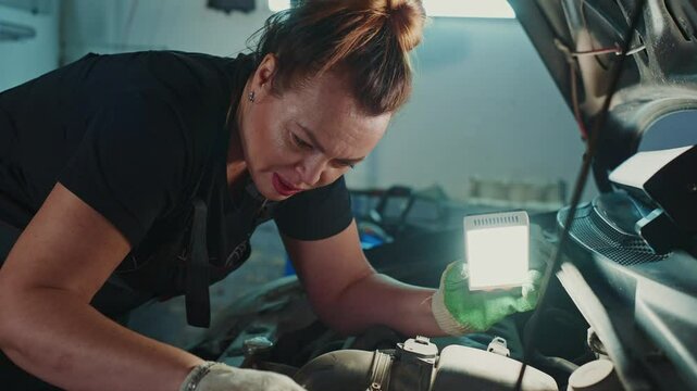 A skilled mechanic examines and repairs an engine in a bright garage. She uses a flashlight to inspect parts closely while focusing intently on her task, showcasing her expertise.
