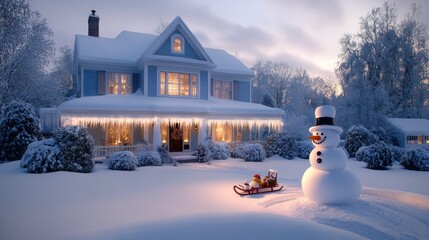 Naklejka premium A two-story house, covered in snow with icicles hanging from the roof. In the front yard there is a snowman and a sled, and the soft glow of the setting sun illuminates the scene behind the house.