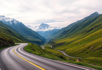 Fototapeta premium Winding asphalt road climbs through lush green valley towards majestic snow-capped mountains, path, panorama
