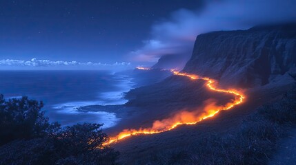 Fototapeta premium At night, glowing orange lava dramatically illuminates the dark volcano's side and surrounding landscape, creating a powerful scene of natural force.