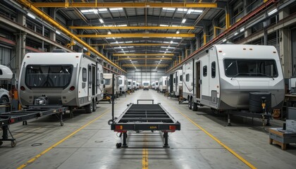 Obraz premium Modern RV Manufacturing Facility with Multiple Trailers on Line