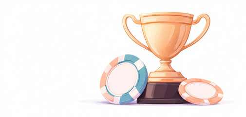 A shiny gold trophy beside colorful poker chips, symbolizing victory and achievement in games or competitions.