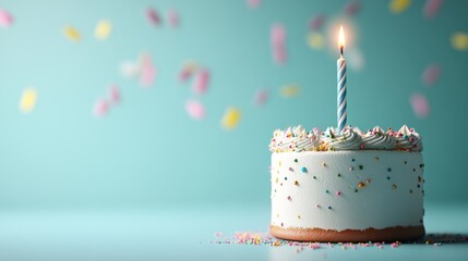 Festive birthday cake with lit candle and colorful sprinkles on a turquoise background, perfect for celebrations and special occasions