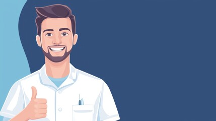 A cheerful, cartoonish healthcare professional giving a thumbs up against a blue background, conveying positivity and friendliness.