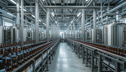 Fototapeta premium Modern Brewery Interior with Equipment and Bottles in Production Line