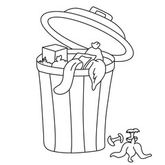 Cute cartoon hand dawn vector Trash can coloring page.
