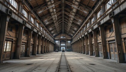 Abandoned Warehouse Interior with Empty Train Tracks and Wood Beams