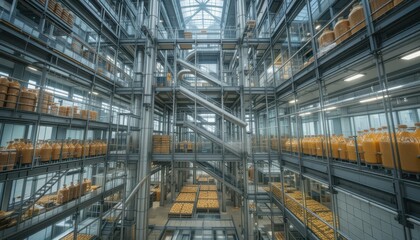 Fototapeta premium Modern Warehouse Interior with Industrial Design and Storage Bins