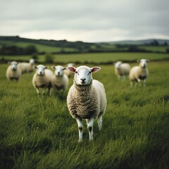 Fototapeta premium Group of sheep on green field