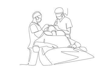 Two doctors are performing hair treatment on a patient. Surgery concept one-line drawing