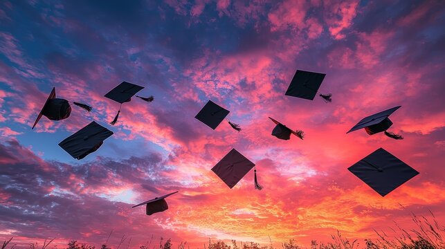 Graduation mortarboards are tossed into a colorful sunset sky