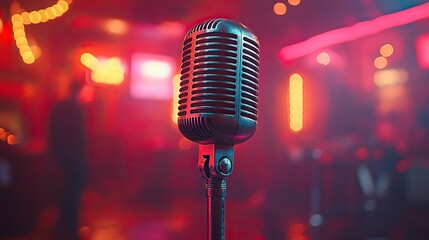 Bathed in bokeh lights, classic microphone stands ready for performance, creating vibrant setting.