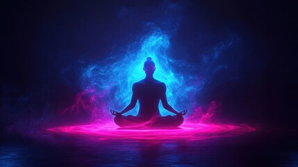 Ethereal Meditation Scene with Vibrant Neon Smoke Surrounding a Silhouetted Meditating Figure in a Dark Environment