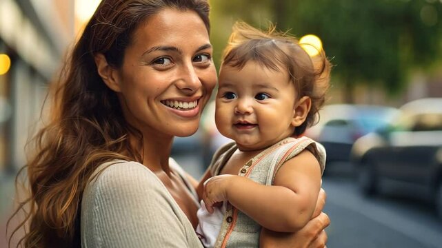 Gl&uuml;ckliche Mutter h&auml;lt ihr Baby liebevoll im Arm