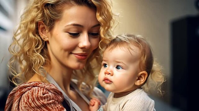 Blondes Baby mit seiner liebevollen Mutter