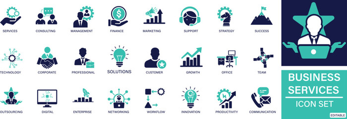  Business Services icon set business, services, consulting, management, finance, marketing, support You can easily change the color.