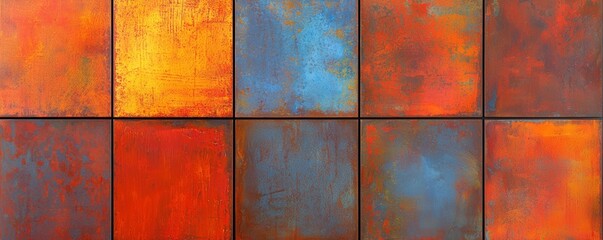 Vibrant Rusted Metal Panels in Red, Orange, and Blue Colors Showcasing Unique Textures and Artistic Charm for Tabletop Decor and Wall Art