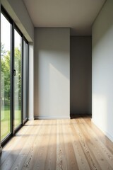 Fototapeta premium Bright Sunlight Illuminates an Empty Room with Light Wood Flooring and Large Windows Showing Lush Greenery