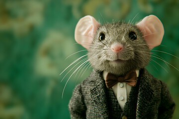 A cute rat in a suit, wearing a white shirt and tie.