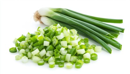 chopped fresh green onions isolated on white background
