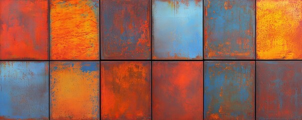 Vibrant Rusted Metal Panels in Red, Orange, and Blue Hues with Textured Finishes for Creative Art and Design Projects