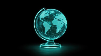 Neon Blue Globe with World Map Over Black Background for Futuristic and Digital Technology Concepts in Education and Travel Industry Representations