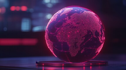 Futuristic Digital Globe with Pink Neon Lights Representing Connectivity and Globalization in a High-Tech Environment