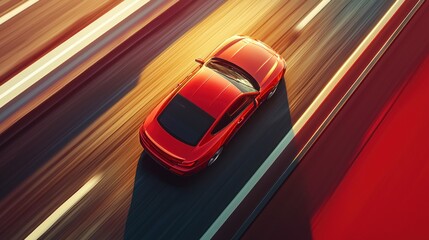 A red sports car speeding along an open highway road