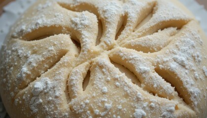 Obraz premium Freshly Baked Dough with Powdered Sugar Topping and Decorative Design
