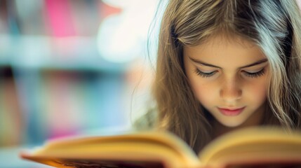 Girl Reading Book, Library Setting