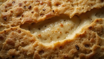 Close-Up View of Crispy Fried Bread Surface with Textures and Color