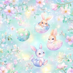 Obraz premium Easter Bunny and Eggs: A charming illustration showcases adorable bunnies and decorated Easter eggs amidst a backdrop of delicate pastel flowers and an soft colored background.