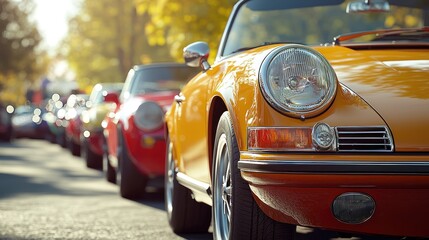 Fototapeta premium Classic vintage automobiles displayed in a line along the street