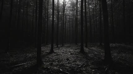 Naklejka premium A dark forest at night, with faint shadows of trees and a quiet, eerie stillness in the air 