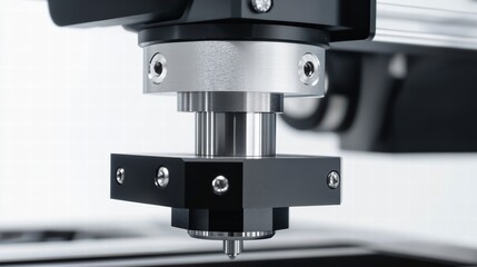 Precision Engineering: Captivating macro shot of industrial CNC machine, showcasing intricate metalwork components with bolts and a sharp, functional needle.