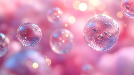 Naklejka premium Beautiful, transparent bubbles of various sizes float gracefully, creating a dreamy, ethereal atmosphere against a soft pink backdrop, enhancing purity and delicacy.