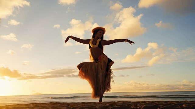 Graceful hula dancer performing on a beautiful beach in Hawaii at sunset, showcasing traditional Hawaiian culture