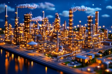 Fototapeta premium A sprawling oil refinery glows under the night sky. Generative AI