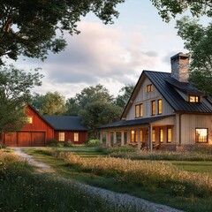 Farmhouse with wooden barn
